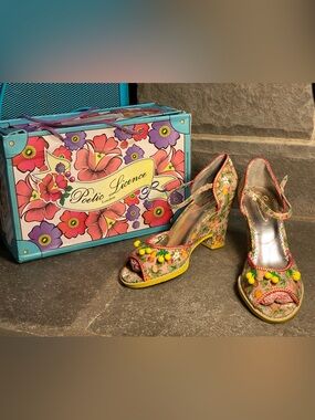 Irregular Choice Poetic License wedge sandals,pumpkin print fabric,fruit charms